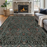shinefly front view of 8x10 dark green rug shows balanced floral design and room anchor