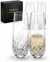 SHOSHIN front view of four boxed stemless flutes showing elegant presentation