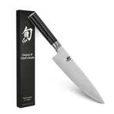Shun front view of 8 inch chef's knife showing blade profile and balance benefit