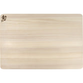 Shun hinoki cutting board front view showing clean surface and size benefits