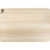 Shun hinoki cutting board front view showcasing smooth surface and elegant color benefit presentation