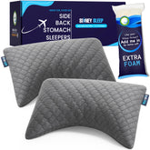 Sidney Sleep front view of two grey mini pillows, shows compact travel set benefit