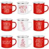 Sieral front view of nine red and white enamel mugs showing festive design and set benefit