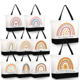 Sieral front view of ten colorful tote bags showing variety and gift-ready set