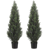 Silk Tree Warehouse front view of two potted cedar topiary trees, instant curb appeal