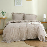 Silnuo taupe white plaid ruffle duvet cover front view showing pattern and fit