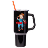 Silver Buffalo tumbler front view showing Chucky art and bold "Wanna play?" for fandom display