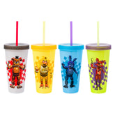 Silver Buffalo front-packaging showing four FNAF tumblers and lids, collectible display benefit
