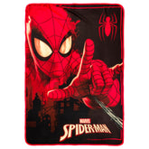 Silver Buffalo Spider-Man front view blanket showing bold web-shooter graphic and cozy look