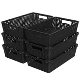 Simple Houseware front view of six black woven baskets showing uniform storage