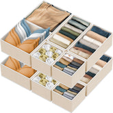 Simple Houseware front pack of 12 beige foldable bins showing contents and neat appeal