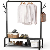 Simple Houseware front view of black 52" garment rack showing organized clothing and shelves for efficient storage