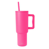 Simple Modern front view of Raspberry Vibes tumbler showing sleek design and portability