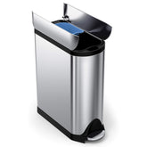 simplehuman front view showing brushed stainless finish and space-saving shape, tidy kitchen benefit