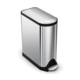 simplehuman front view showing butterfly lid and sleek stainless finish for space-saving