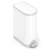 simplehuman front view of white butterfly step can showing clean design and space-saving benefit