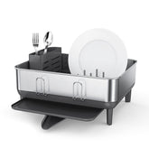 simplehuman front view of compact dishrack showing sleek stainless finish and space saving