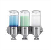 simplehuman front-facing stainless steel dispenser showing tidy shower storage and premium finish