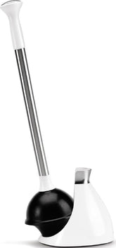 simplehuman front view showing dome-covered plunger and tidy bathroom benefit