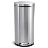 simplehuman front view of brushed stainless round step can showing sleek silhouette and neat footprint