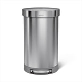simplehuman semi-round front view in brushed steel showing sleek profile and space-saving benefit
