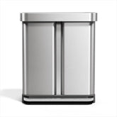 simplehuman front view of recycler showing dual compartments and clean profile benefit: saves floor space