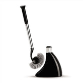 simplehuman front view of black stainless toilet brush and caddy shows sleek design benefit tidy storage