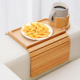 SINWANT front view of bamboo armrest tray showing stable surface and cup holder benefit