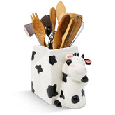 Sixdrop cow crock front view showing cow print and organized utensils benefit