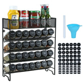 Skiileor front view of full 5-tier spice rack showing organized jars and black lids for easy access