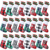 Skylety front view of 24-pack mini stockings showing plaid design and benefits