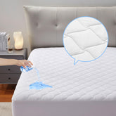 SLEEP ZONE front view showing protector on queen mattress with clear benefits