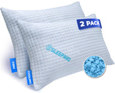 Sleepavo front view of two queen pillows showing packaging and set benefit