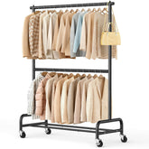 SLEEPING LAMB front view of black rolling clothes rack showcasing sturdy frame and storage