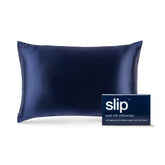 SLIP navy queen pillowcase front view showing smooth finish and luxury