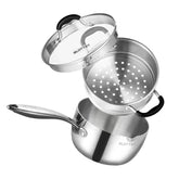SLOTTET saucepan front view showing compact 2.5 qt pot and glass lid for versatile cooking