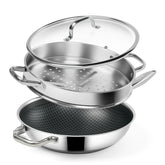SLOTTET wok front view showing nonstick stainless steel and lid, for easy multiuse cooking