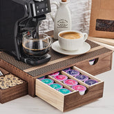 SMARTAKE front view of wooden organizer showing tidy pod storage and warm finish