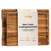 SMIRLY front view of acacia cutting board showing smooth surface and warm color benefit presentation