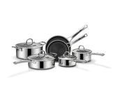 SNOWCLAD front view of full 10-piece cookware set highlighting included pieces and storage benefit