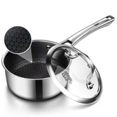 SNOWCLAD front view of 1.5 qt saucepan showing lid and handle, durable design benefit