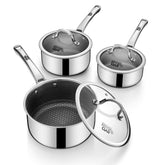 SNOWCLAD three-piece saucepan set front view showing lids and polished finish for durable everyday use