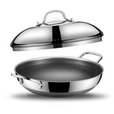 SNOWCLAD front view of 13-inch wok with lid showing full cooking surface and benefit of coverage