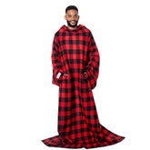 Snuggie front view buffalo plaid showing roomy sleeves and full coverage for comfort
