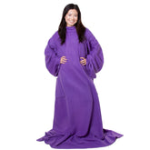 Snuggie front view in purple showing full coverage and easy wear benefit