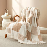 Snuggle Sac front view of beige checkered blanket showing plaid design and cozy look