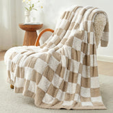 Snuggle Sac front view of beige checkered throw showing pattern and drape for stylish decor