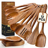 Snuvid front packaging showing the complete 12-piece teak utensil set, neat and ready