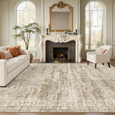 Soalmost front view of 8x10 brown rug showing full geometric design and grounding effect
