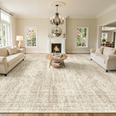 Soalmost front view of 10x14 beige rug shows neutral styling and room anchoring benefit